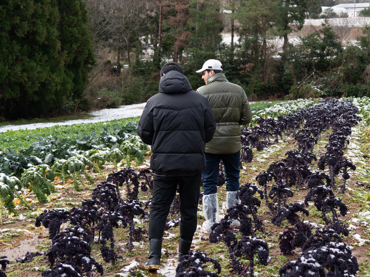 能登島の生産者「NOTO高農園」を訪問し、能登食材の力強さを実感する二人