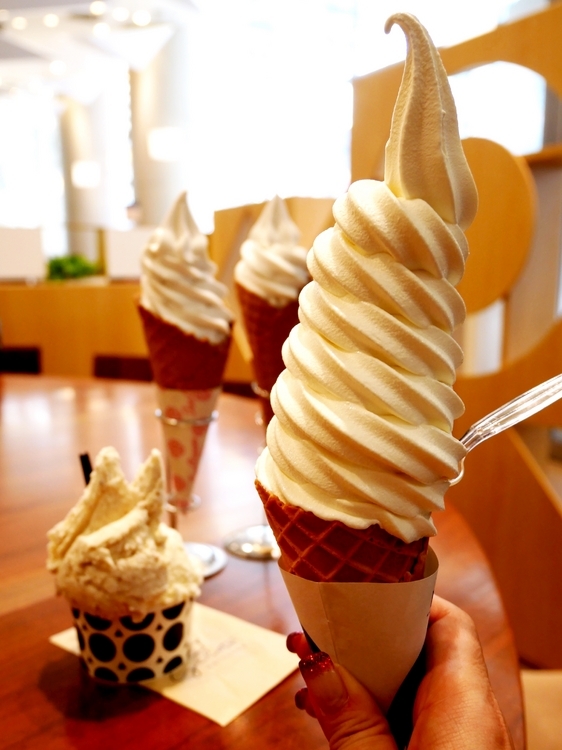 手前の大きなソフトクリームは【KINOTOYA】の『極上牛乳ソフト』388円（税込）。とにかくボリューミー、そして濃厚！　食べ応えNo.1です