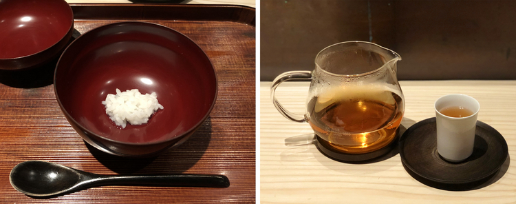 （左）一皿目の『煮えばな』、（右）『雁ヶ音焙じ茶』1,000円