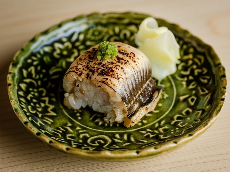 『穴子の押し鮨』は、茹でから焼きに変わる時の口やすめ的なタイミングで供される。押し鮨は季節ですしダネが変わる