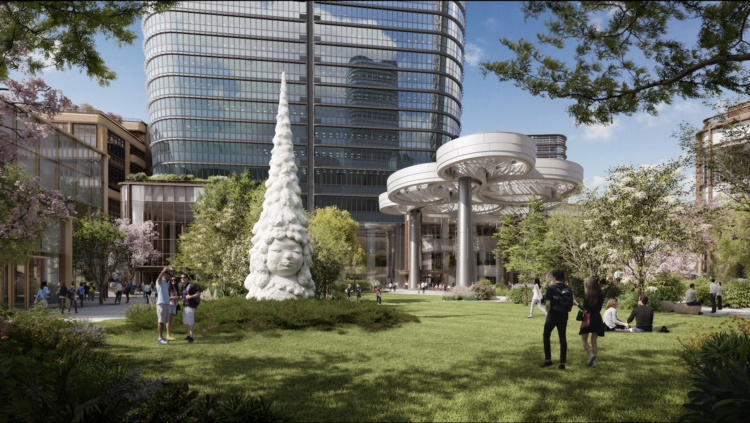 約 6,000 ㎡の広さを誇る緑豊かな中央広場（イメージ）　©DBOX for Mori Building Co., Ltd. - Azabudai Hills 奈良美智《東京の森の子》 2023年