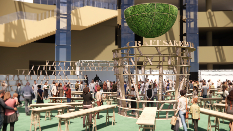今年の会場デザインは、「SAKA-MORI」をテーマにクマタイチ氏が担当。会場中央には直径3.2メートルの巨大な杉玉も登場します
