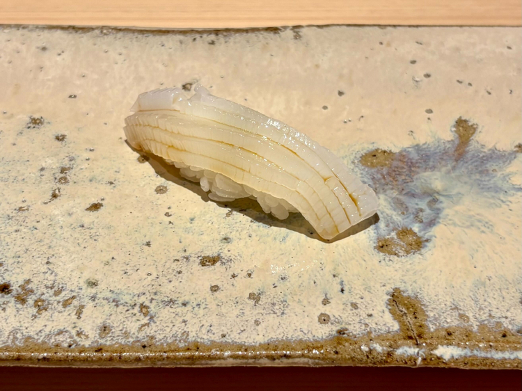 1貫目：「さかな人」長谷川大樹さんから届く、神経締めの『アオリイカ』。口に入れた瞬間にとろける、繊細な仕立て