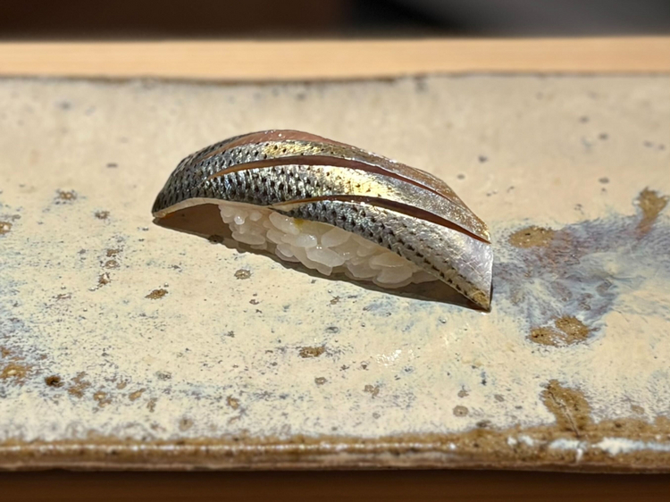 6貫目：天草の投網で捕れた『小肌』。魚の脂の質や量によって３～４段階に分けて塩を当て、溌剌とした酸と脂の旨みがしなやかに重なり合うように酢締めに