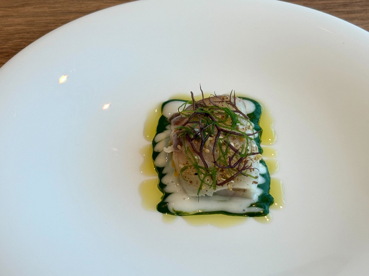 【Dining33】の前菜『〆縞鯵 モロヘイヤと貝のマーブルソース コリンキーのサラダ』