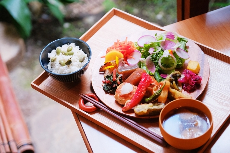 京都 五条 食と森のランチメニュー 京野菜と豆腐ハンバーグのおばんざいプレートランチ。