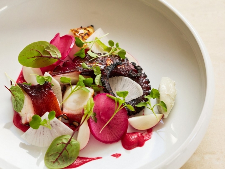 【APÉRO AOYAMA Winebar & Table】の『炭焼きタコのコンフィ ラディッシュのピクルスとゴルゴンゾーラ風味の麹チーズを添えて』