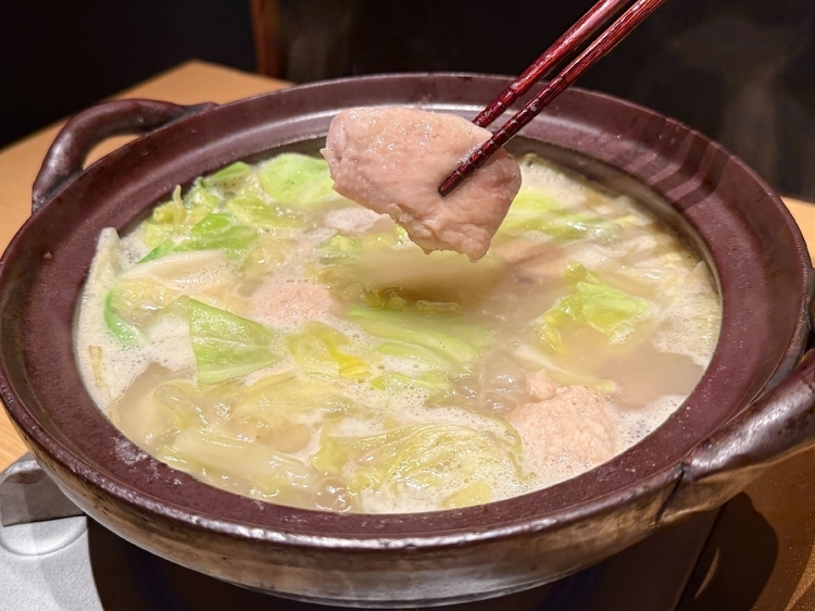 ぐつぐつと煮込まれた水炊き鍋。白いスープにキャベツの柔らかな色が映え、食欲をそそります
