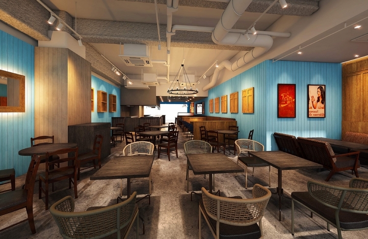 ブルーを基調にチーク材の床を配した、本国そのままの雰囲気を再現した全84席の空間