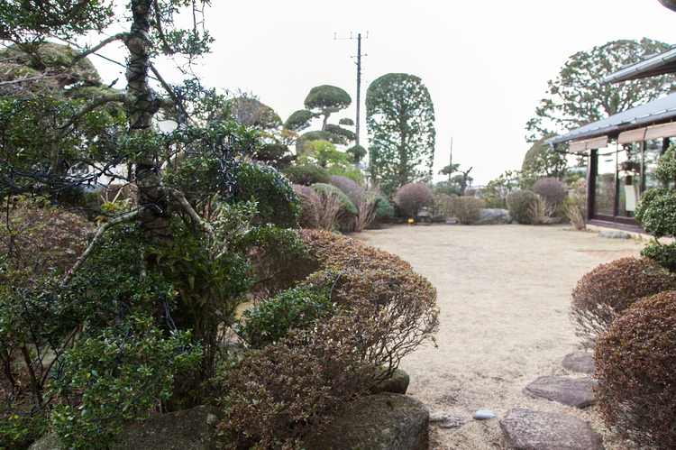 広い芝生広場を擁した日本庭園。グミの木や松の木、ツツジなど、季節の草木が植樹されている