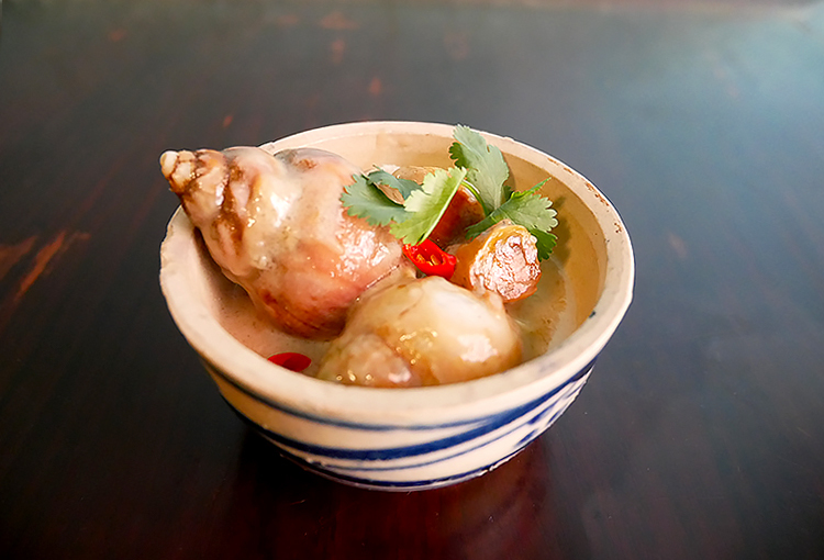 『バイ貝のココナッツミルク煮』。ベトナムでは、もっと小さな貝を大量に煮込むことも