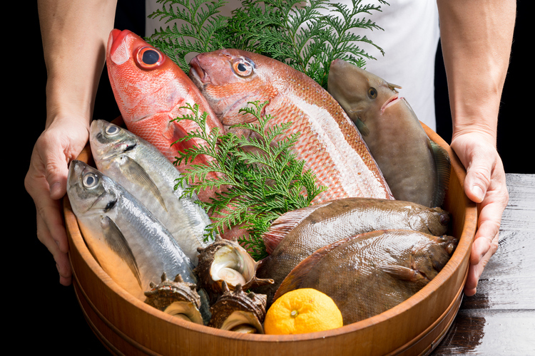 リストにはマグロ、真鯛、ブリ、ホタテなど日本全国の水産物が種類豊富に揃っています
